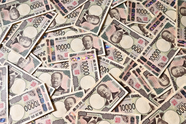 写真素材：真上から見た紙幣の画像